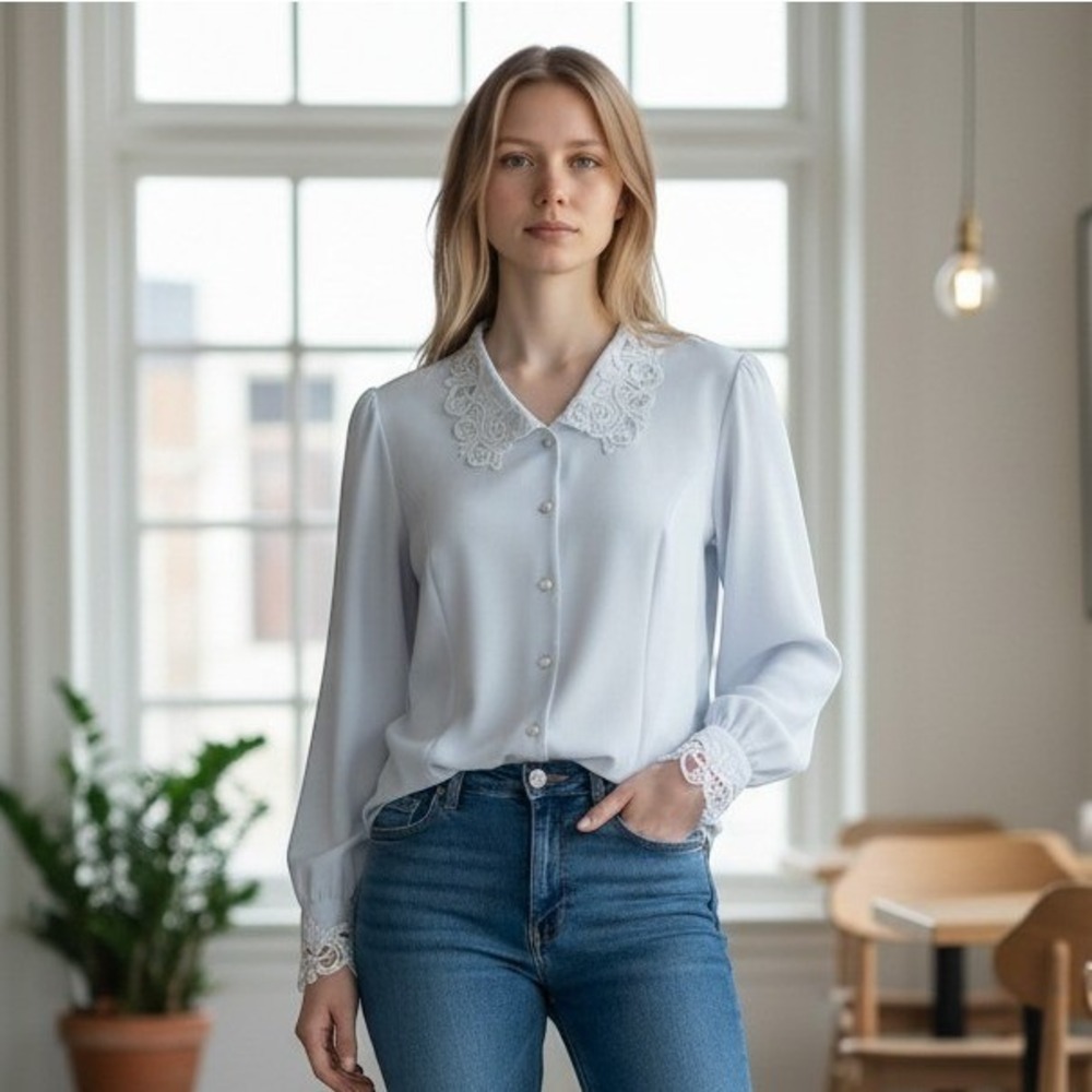 Royal Fashion Women Light Blue Lace Collar Button Up Blouse Long Sleeve Top Med